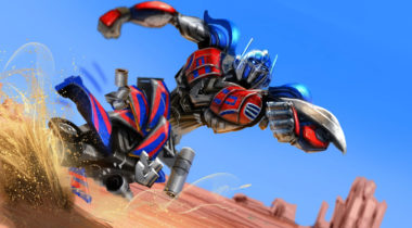 A robot is jumping over another robot in the air.