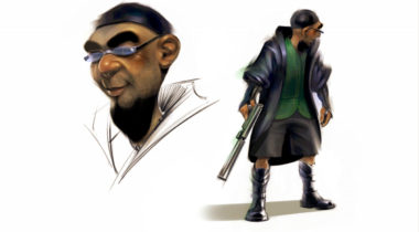 A man with glasses and a hat is holding a gun.