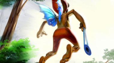 A painting of an elf with a blue wing holding a wrench.