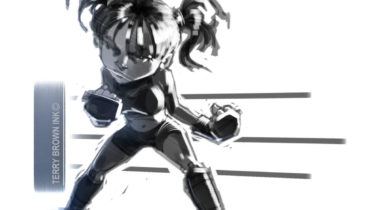 A black and white image of a girl in boxing gear.