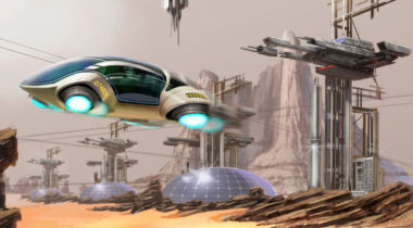 A futuristic city with many buildings and planets