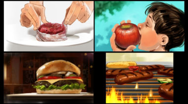 A collage of different food images with one being eaten.