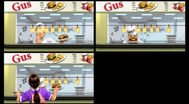 A series of three pictures showing the same scene in a restaurant.