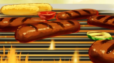 A grill with hot dogs on it and buns.