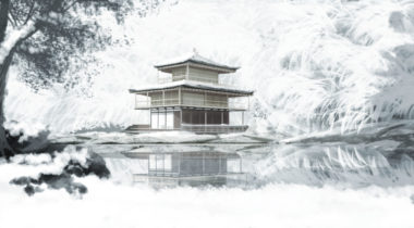 A white pagoda sitting on top of a lake.