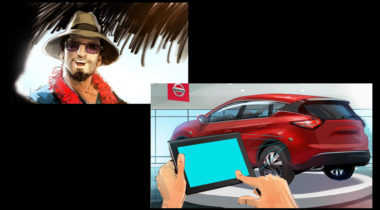 A man in a hat and sunglasses is looking at an ipad.