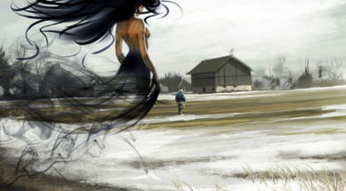 A woman with long hair is walking in the snow.
