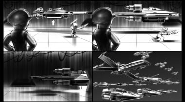 A series of four pictures showing the different stages in a scene.