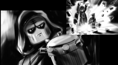 A black and white image of lego figures