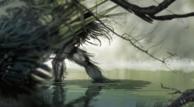 A painting of trees and water in the foreground.